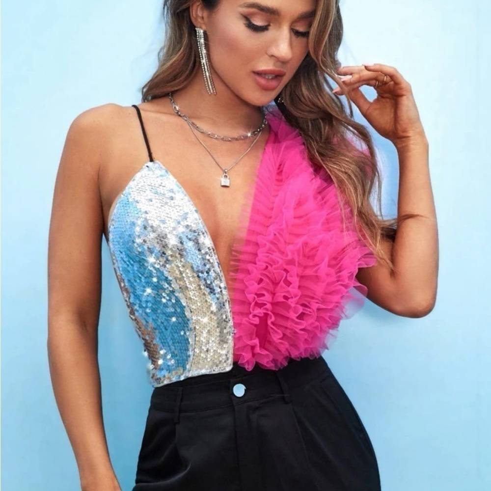 Pink tulle silver sequin high waist black bodysuit Plunge Neck concert festival